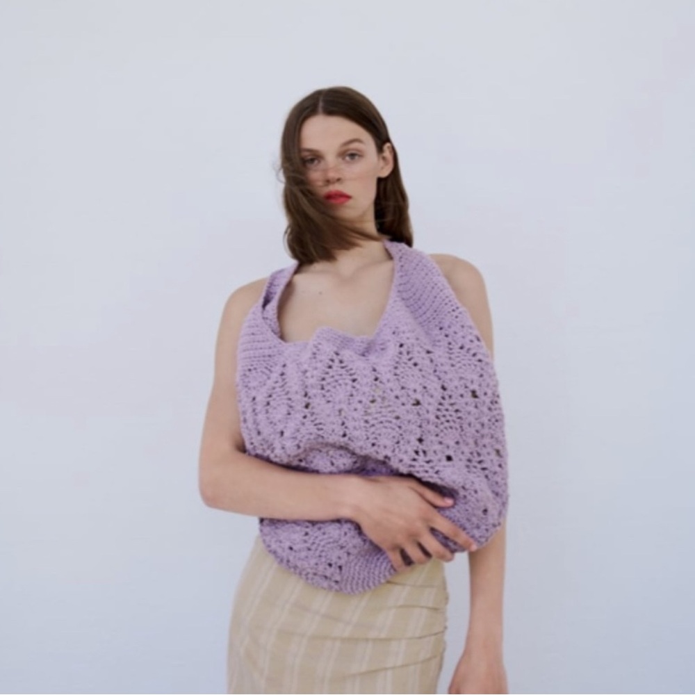 NEW ZARA Lavender Purple Crochet Large Bucket Bag Purse